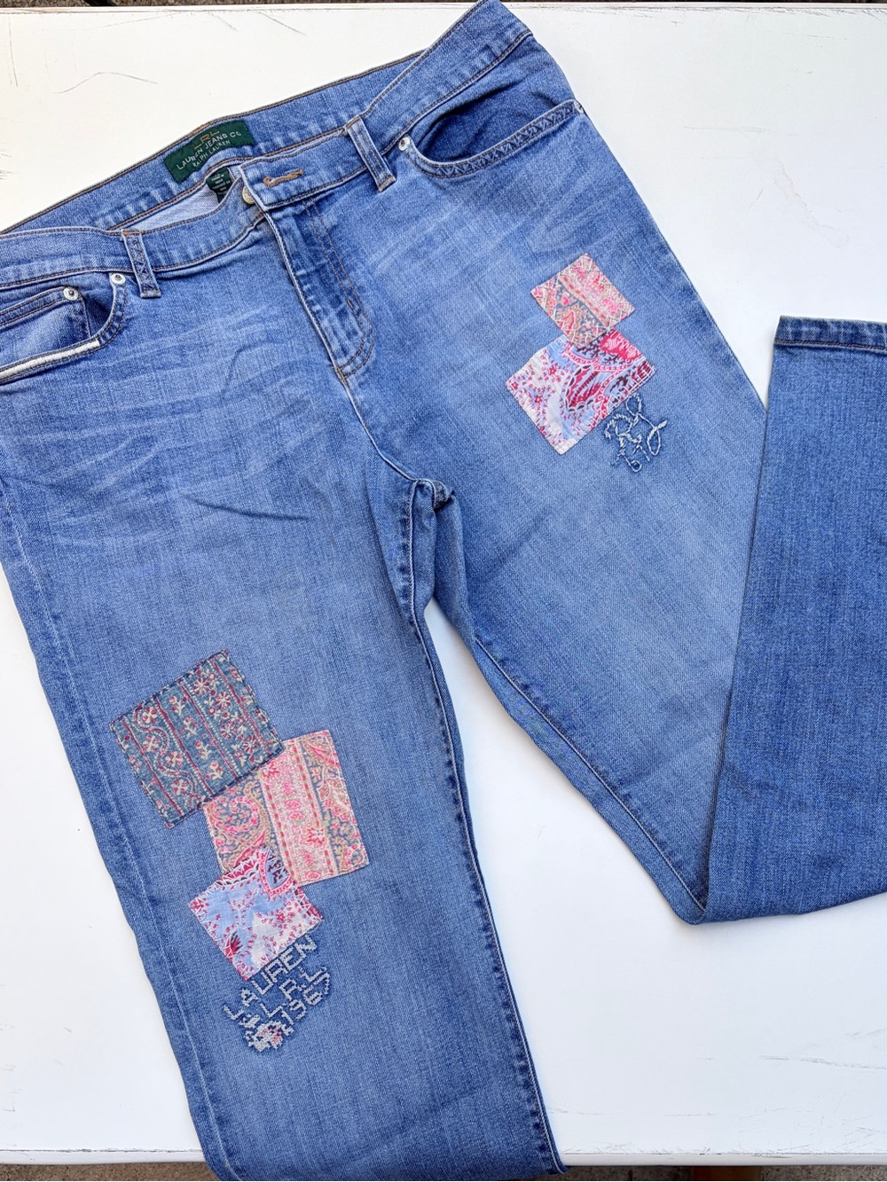 Ralph Lauren Light Blue Straight Leg Jeans with Pink Patchwork